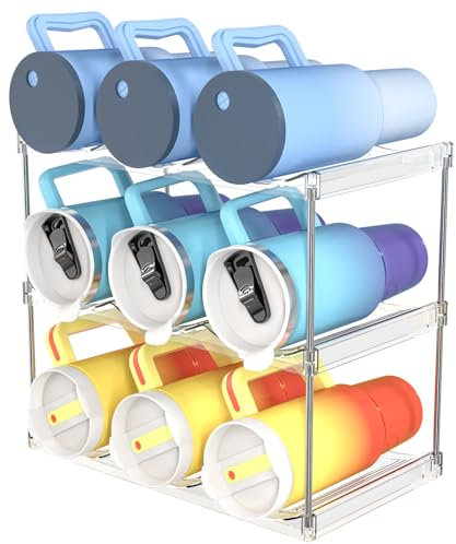 Irayin Stackable Water Bottle Organizer Holder - for Stanley & Others' Large Tumbler Organization - Plastic Bottle Holder Wine Rack for Kitchen Countertop Storage, Cupboard, Office, 3 Tier Hold 9