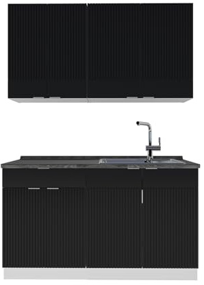 Vicco Singleküche Fame-Line, Schwarz gestreift/Weiß, 140 cm, AP Anthrazit, passend für gängige Elektrogeräte und Spülen kombinierbar