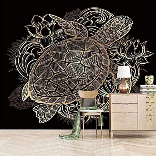 XLMING Tortue Dorée Peinte À La Main Et Fleur De Lotus Fond Noir Papier Peint 3D Intissé Salon Canapé Chambre À Coucher Salle Manger Intérieure Murale-300cm×210cm