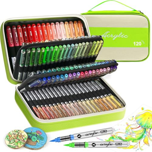 VividHues Feutre Acrylique 120 Couleurs - Marqueur Acrylique à Pointe Pinceau, Acrylic Paint Marker Feutres Acryliques pour Peinture sur Bois, Toile, Verre, Céramique, DIY(VERT)