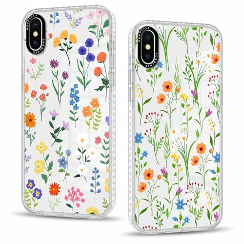 Phoona 2 packs Phone Case for iPhone X 5,8'', Flower Pattern with Cute Clear Transparent Aesthetics Design Cover, Soft Shockproof Protective Bumper Slim Funda for Women Girls, 07