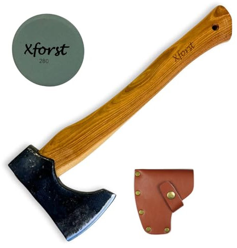 Xforst Axt TA5, Beil aus Hickory Stiel inklusive Schneidenschutz aus Leder. Wikinger Axt. 36 cm / 0,8 kg. + Schleifstein GS
