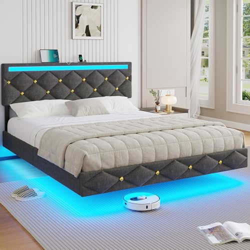 DICTAC Lit 160 x 200 avec sommier - LED Réglable, Lits 2 Places avec Rembourré Tête de Lit, Cadre de Lits 160 x 200 cm avec Lattes en Bois et Multiprise, Bed Flottant avec Strass Capitonné en Lin Gris