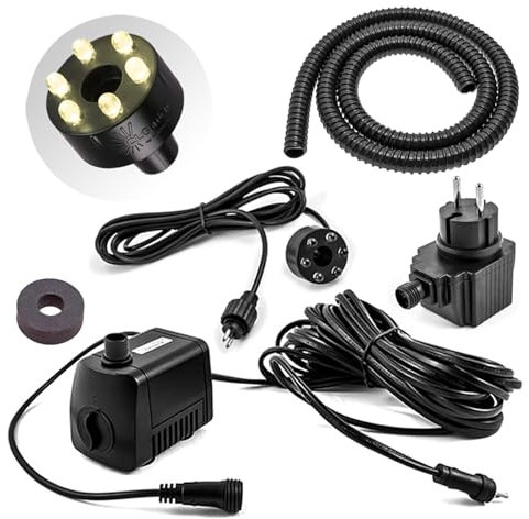 CLGarden Springbrunnen Pumpe 12 V mit LED Licht warmweiß Tauchpumpe klein Schaumstoffdichtung Premium Schlauch 500 l/h Springbrunnenpumpe