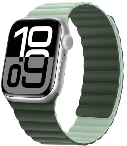 HITZEE Cinturino Magnetico Due Lati Compatible con Cinturino Apple Watch 42(S10)/41/40/38mm, Band in Silicone per iWatch Serie 10 9 8 7 SE 6-1 (42/41/40/38, Verdescuro/Verdechiaro)