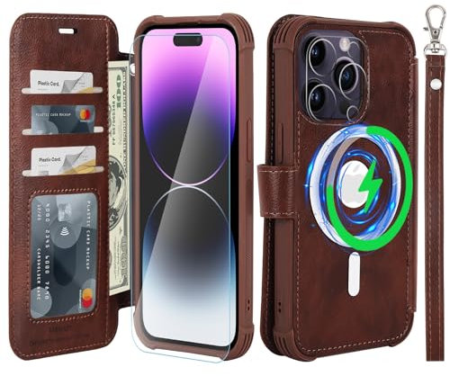 VANAVAGY Wallet Case Compatible for iPhone 14 Pro for Magsafe Wireless Charging,Leather Flip Wrist [Glass Screen Protectors]with RFID Blocking Card Holder,Brown