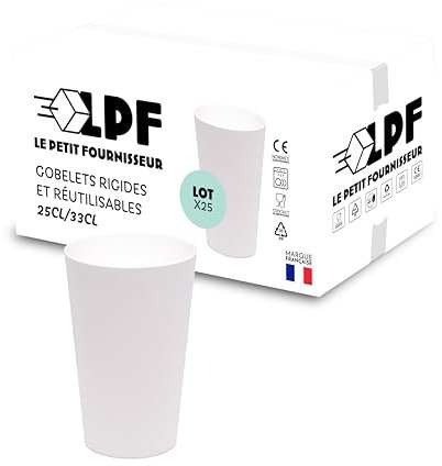 LPF LE PETIT FOURNISSEUR - Lot de 25 Gobelets réutilisables 25cl (33cl à ras-bord) - Polypropylène (PP) alimentaire rigide - Gobelets plastique durables - Compatible lave-vaisselle - Couleur Blanche