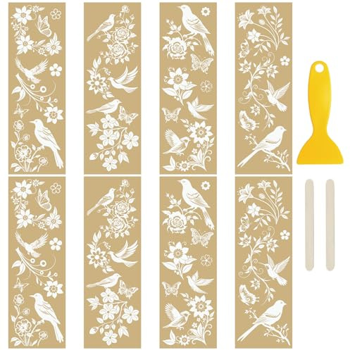 WANDIC 8 Bögen vergoldete Aufkleber zum Aufreiben, Blumen, Vögel, wasserdichte Aufkleber, DIY-Aufkleber für Dekoration, 10 x 30 cm