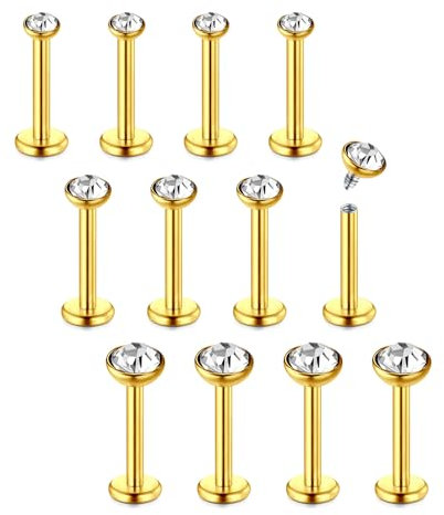 D.Bella 12Pcs 16G Lip Studs Labret Bars Stainless Steel 8mm Gold Helix Tragus Stud Piercing Jewellery