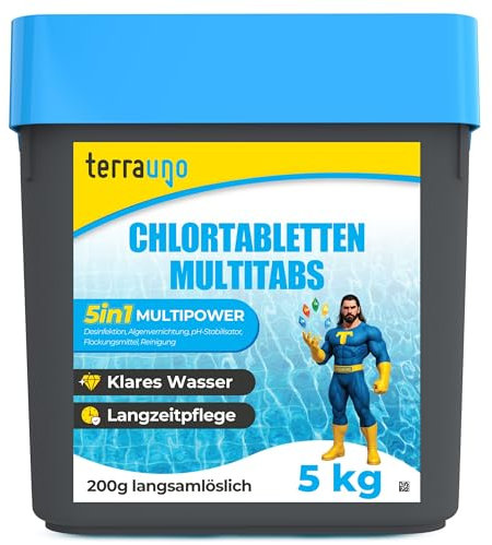 TerraUno Chlortabletten für Pool, Multitabs 5 in 1 für Poolpflege, 5kg je 200g Pool Tabletten langsamlöslich, mit 5 Phasen Power, KristallKlar Effekt. Algenvernichter, Chlor, Flockung, pH-Wert