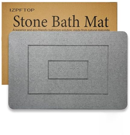 IZPFTOP Tapis Pierre diatomite 60 x 39 cm,Tapis de Bain en Pierre,Séchage Rapide diatomite Tapis de Bain, Antidérapant Tapis absorbia Stone Bath Mat (Gris Clair)