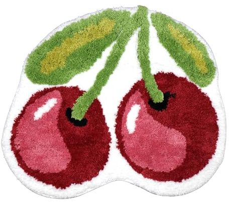 Jnidesier Fruit Non-Slip Bath Mat, Cherry Bathroom Decor Area Rug, Soft & Absorbent Plush Coral Fabric, Washable Bathroom Rug, 19.5 x 24, Pink