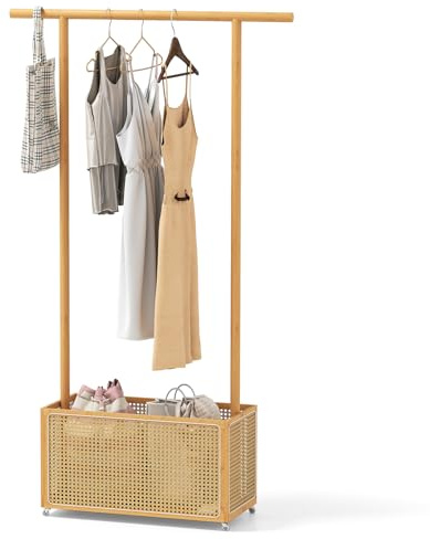 COSTWAY Garderobenständer mit PE-Rattan Aufbewahrungskorb & Rollen, Bambus Kleiderständer, 2-in-1-Kleiderhängestange Garderobenhalter braun für Flur & Schlafzimmer (Natur)