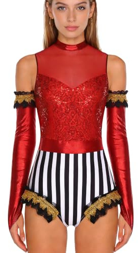 ranrann Dame Direttore Circo Ringmaster Bodysuit Scintillante Con Lamé Leotard Balletto Con Guanti Salopette Clown Circo Abito Danza Halloween Carnevale