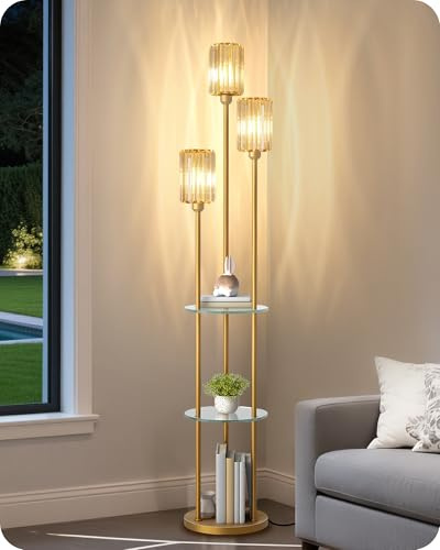 GOEBLESON Floor Lamp with Shelves, Floor Lamp with 3 Glass Shades and Foot Switch, 3-Light Standing Lamp with 2 Shelves, for Living Room, Bedroom, Study, Gold ZD53LDK05