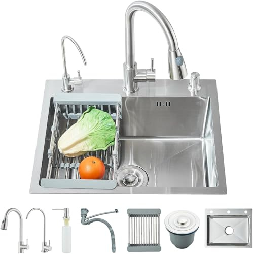 Hevenaov Fregadero de cocina de acero inoxidable, 55 x 45 x 21 cm, con cabezal pulverizador ancho, dispensador de jabón, grifo para agua purificada y escurridor
