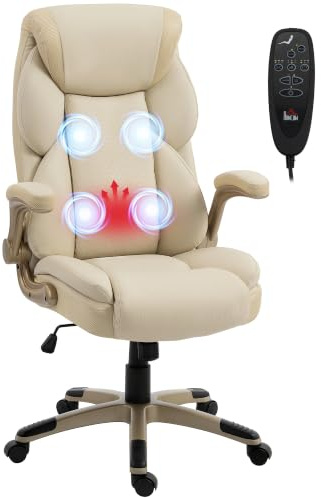 HOMCOM Silla de Oficina con Masaje Vibratorio de 4 Puntos Giratoria Crema | Silla de Escritorio, Calor Lumbar, de PU, Brazos Abatibles, Respaldo Alto, Altura Ajustable, Función de Basculante