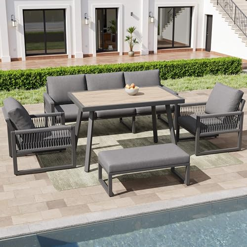 HYUB Gartenmöbel Set 6-7 Personen, Dining Lounge wetterfest mit Esstisch & Rückenkissen, Outdoor Sitzgruppe mit rostfreiem Metallgestell, Garten-Sofa Garnitur für Terrasse, Grau