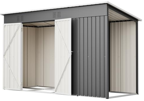 Abri de jardin en métal de 10 x 4 m, double porte avec serrure, acier galvanisé, gris, long abri étroit pour outils, vélos, skis et poubelles, idéal pour les terrains étroits, les cour et les