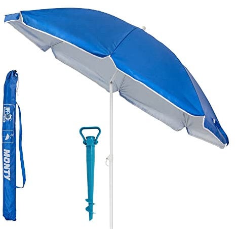 Pack de sombrilla de playa de 8 varillas y soporte de arena con protección solar UPF+50 de acero y nylon azul, de Ø 180 cm