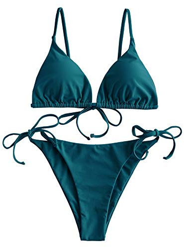 ZAFUL Damen Gepolstert Bikini Set, Einfarbig Bikini Badeanzug mit Dreieck Cup Spaghetti-Träger (Pfauenblau, L)