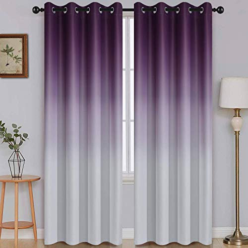 SimpleHome Ombré-Verdunkelungsvorhänge, Farbverlauf Violett zu Grau-Weiß, lichtblockierend, wärmeisolierend, Ösen, für Schlaf- und Wohnzimmer, 2 Bahnen, ca. 130 cm x 215 cm Länge