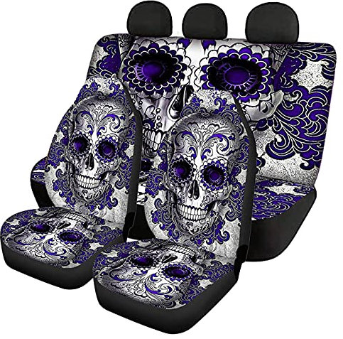 Biyejit Auto-Zubehör mit Totenkopf-Motiv, komplettes Set, 4 Auto-Vordersitzbezüge, für Damen und Herren, 2 Autositzbezüge + 2 Rücksitz-Schonbezug, geteilter Sitzbezug