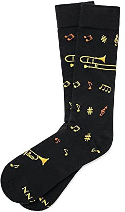 Jazz It Up Herren-Socken, Messing, Musikinstrumente, Trompeten und Musiknoten, Crew-Socken, schwarz, Einheitsgröße