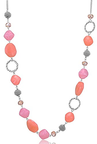 Bulinlin Silber Perplen Lang Kette für Damen Boho Statement Chain Halskette Modeschmuck Geburtstagsgeschenke für Frauen(Dark light pink)