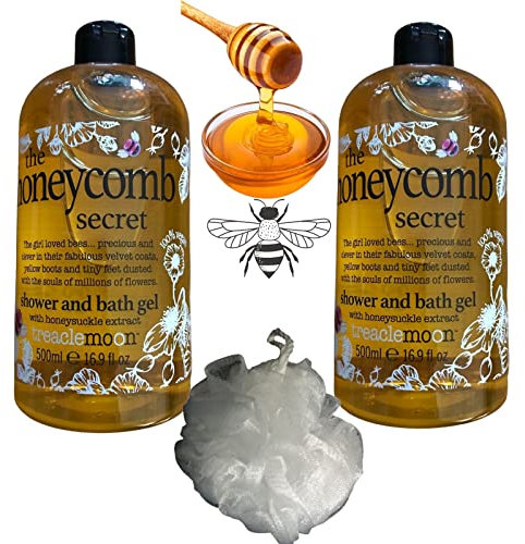 Bundle of 2 Treaclemoon Honeycomb Shower and Bath Gels (500 ml each) with a Body Puff