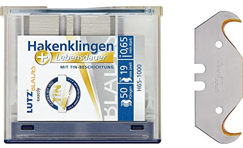 LUTZ BLADES Profi Hakenklingen TiN | extra Lebensdauer | 50 Stk. | 0,65mm | Karbonstahl Klingen von LUTZ in Solingen | Teppichmesser Klingen | Cutter Ersatzklingen für Bodenbeläge, Tapeten