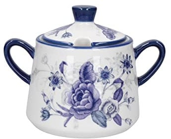 London Pottery Blue Rose Lidded Sugar Bowl, Ceramic, Almond Ivory/Blue, 13 x 8 x 10 cm