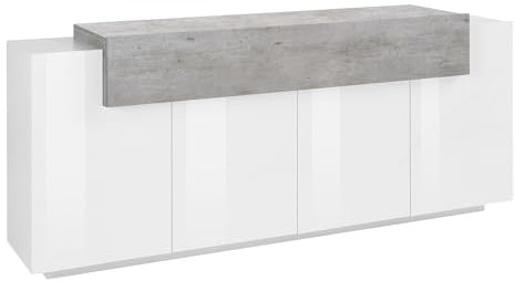 Whous – Moderne Anrichte für Wohnzimmer Corona 200 – weißes Sideboard und zentraler Korpus in Betonfarbe – Anrichte 5 Türen mit Regalen, Moderne Wohnzimmer-Anrichte aus Melamin – moderner