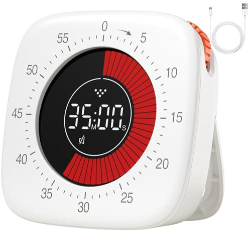 Dealswin Visual Timer - Rechargeable Digital Timer with 4 Alarm Modes, 60 Min Countdown for Kids, Kitchen, Office (White)