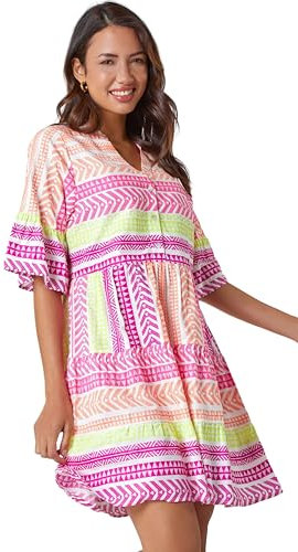Roman Originals Smock Dress for Women UK Ladies Cotton Summer Embroidered Frilled Tiered Casual Beach Cruise Holiday Cocktail Party 3/4 Sleeve Pull On Gathered Skirt - Multi - Size 14