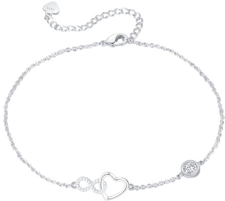 Jbniuay Fußkettchen für Damen silber 925 - Fussketten für frauen 925 Sterling Silber Herz infinity Zirkon Fußkettchen Längenverstellbar 23 + 5 Geschenke für Frauen/damen/mama/mutter/Tochter