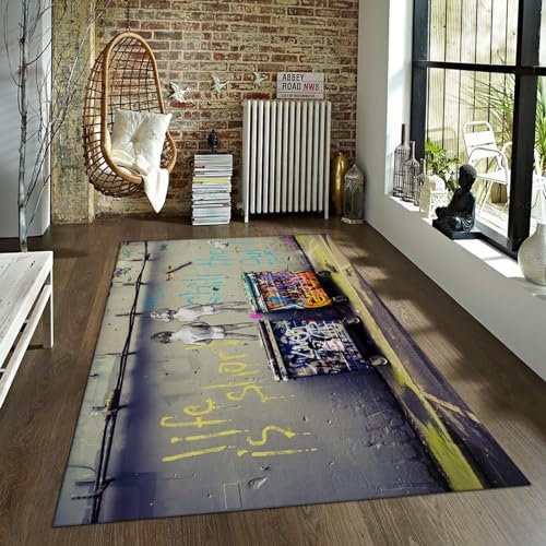 Wewoo Home Banksy Grauer Graffiti-Teppich für Wohnzimmer Junge auf dem Mülleimerbereich Teppich für Schlafzimmer waschbare weiche Innenteppiche für den Eingangsbereich 140x200cm