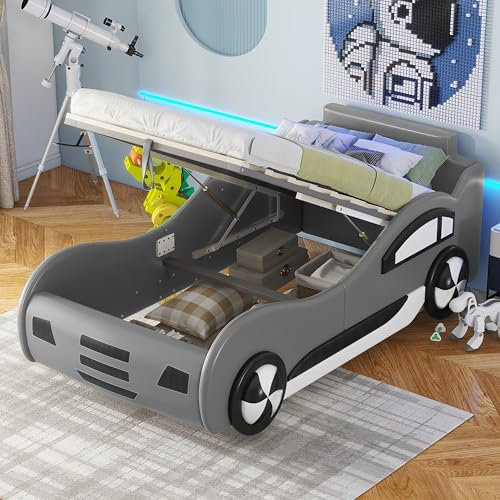 FEZTOY Autobett Kinderbett 90 x 200cm mit Lattenrost und Stauraum, Kinder Spielbett, Aufregendes Auto Kinderbett für kleine Rennfahrer, Flachbett,ohne Matratze Grau