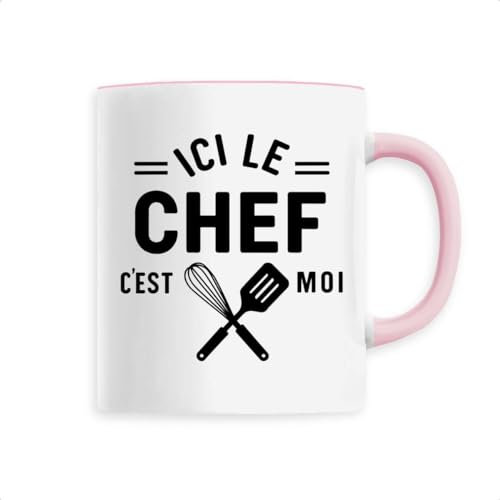 Mug Ici le chef c'est moi - Imprimé en France - Tasse originale en céramique - Cadeau Anniversaire Cuisine original rigolo (Rose)