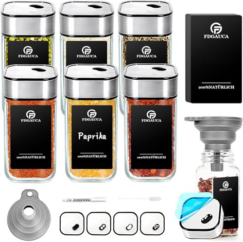 SIAZIH 6 Stk Gewürzgläser Eckig, Gewürzdosen mit Streueinsatz, Gewürzstreuer mit Gewürzetiketten, Spice Jars Glas Set Komplett mit Beschriftungsstift, Trichter und Weichem Borstenpinsel