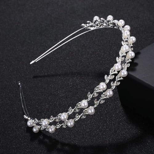 Serre-tête double couche en métal avec perles et strass brillants pour femme et fille Argenté