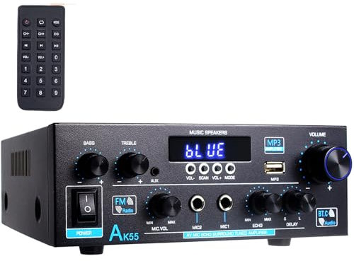 Stereo Verstärker - WOOPKER AK55 HiFi Verstärker Stereo Receiver 600W, 2.0 Kanal Bluetooth Verstärker mit w/UKW-Radio, OPT/AUX/RCA/USB, 2 Mic Eingänge für Lautsprecher