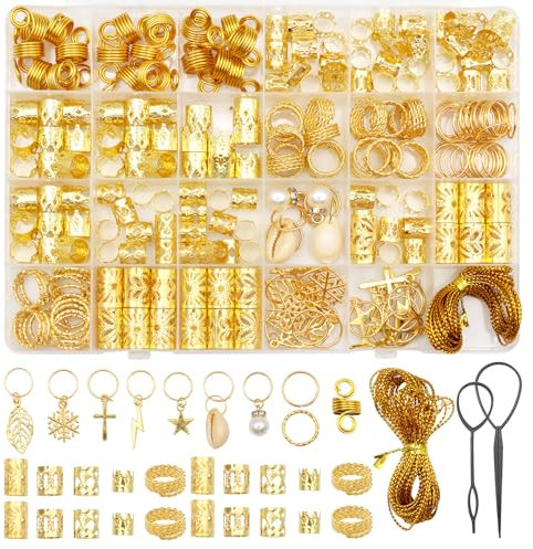 Scettar 257 Stück Goldene Dreadlocks Schmuck, Haarschmuck für Frauen, Kreative Haar Accessoire, Verstellbarer Haarzopfring, Hair Cuff, Haar Clips, Ringe, Kommt mit 2 Stück Haarstyling-Werkzeuge