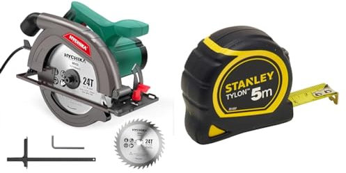 Scie Circulaire, 1300W 4500RPM HYCHIKA 185mm Scies Circulaires Électriques Filaire & Stanley 1-30-697 - Mètre Tylon Bi matière 5m X 19mm - Ruban Anti-Corrosion - Blocage Du Ruban