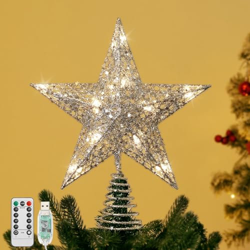 Lewondr Christbaumspitze, Pailletten Weihnachtsbaumspitze mit 20 LED-Lampen, USB Betrieben Weihnachten Baumspitze mit 6H Timer, Weihnachtsbaum Dekoration für Die Weihnachtsdekoration, Silber