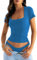 Jhsnjnr Women's Lightweight Square Neck Crop Top Short Sleeve Shaping Tops Workout Plain Fitted T Shirts Blue
