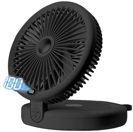 Sungive 2-in-1 Tischventilator, 5 Blätter, 6 Geschwindigkeiten, faltbar, mit Haken, USB 4000mAh, 3-stufige LED, 120° Oszillation, 90° Neigung, 15 Stunden Autonomie, praktisch.(Schwarz)