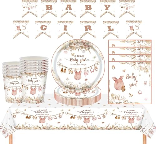 MORAINJAY 65 pezzi, decorazioni per baby shower per 16 ospiti, stoviglie per feste con piatti di carta, bicchieri di carta, tovaglia, striscione per baby shower, compleanno