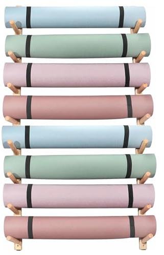 XNKLPY Yogamatten Wandhalterung Yogamatten-Aufbewahrungsregal Fitness-Organizer zum Aufhängen an der Wand aus Holz für Schaumstoffrolle Widerstandsband Übungsmatte 8 Layers