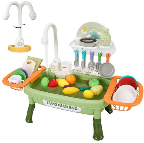 Hperu Lavandino da Gioco con Acqua Corrente 1 Set Rubinetto Elettrico Girevole Lavandino per Bambini con cestello di Scarico Spazio educativo interattivo Staccabile Gioco per Bambini di Ruolo -